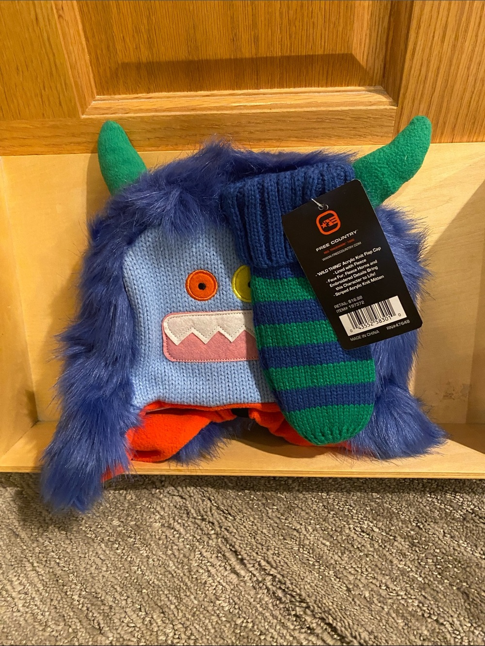Free Country Kids Blue Furry Monster Hat with Green Horns and Striped Mitten